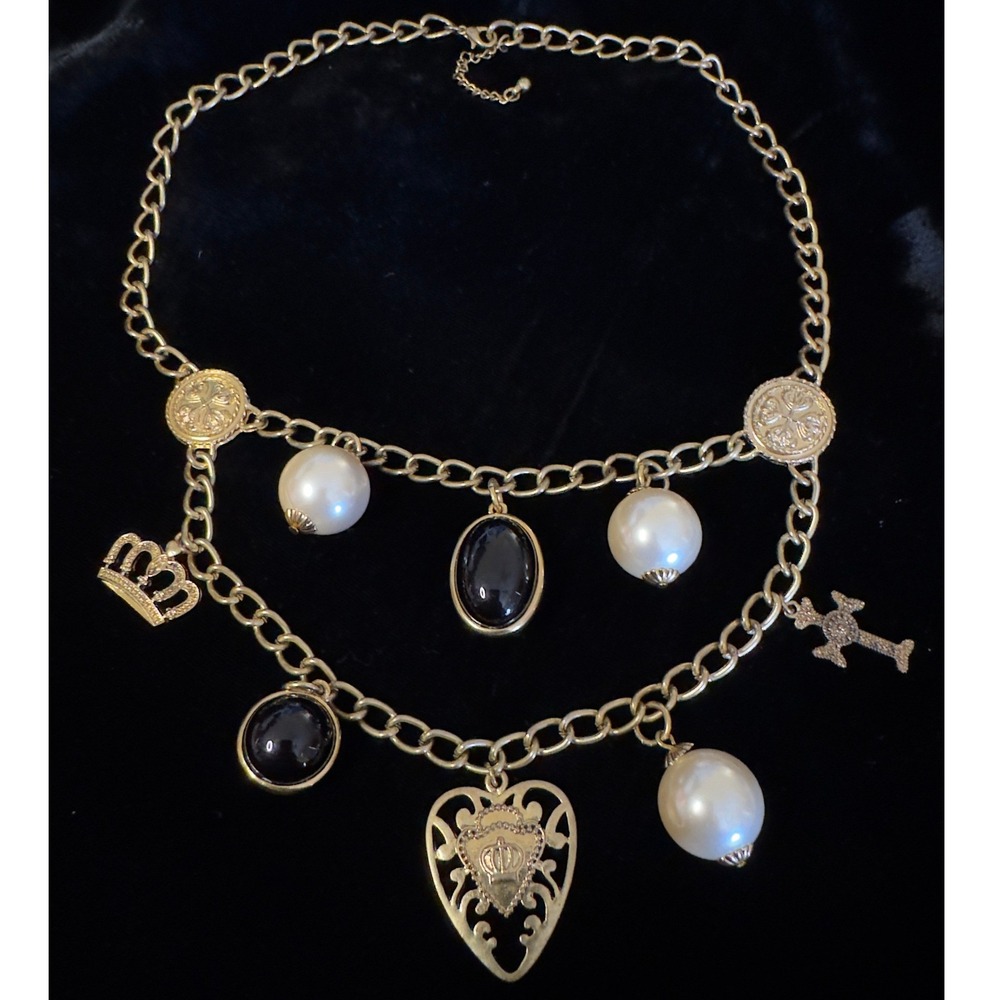 Gold Tone Double Strand Charm Necklace Pearl Heart Crown Cross Black Cabochon